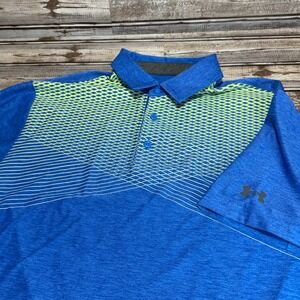 Under Armour Men's Blue Yellow Geometric Golf Polo Shirt‎ HeatGear Size Medium